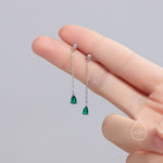 Emerald Green Droplet CZ with Chain Dangle Stud Earrings in Sterling Silver, Silver or Gold, Green CZ Pear Drop Earrings