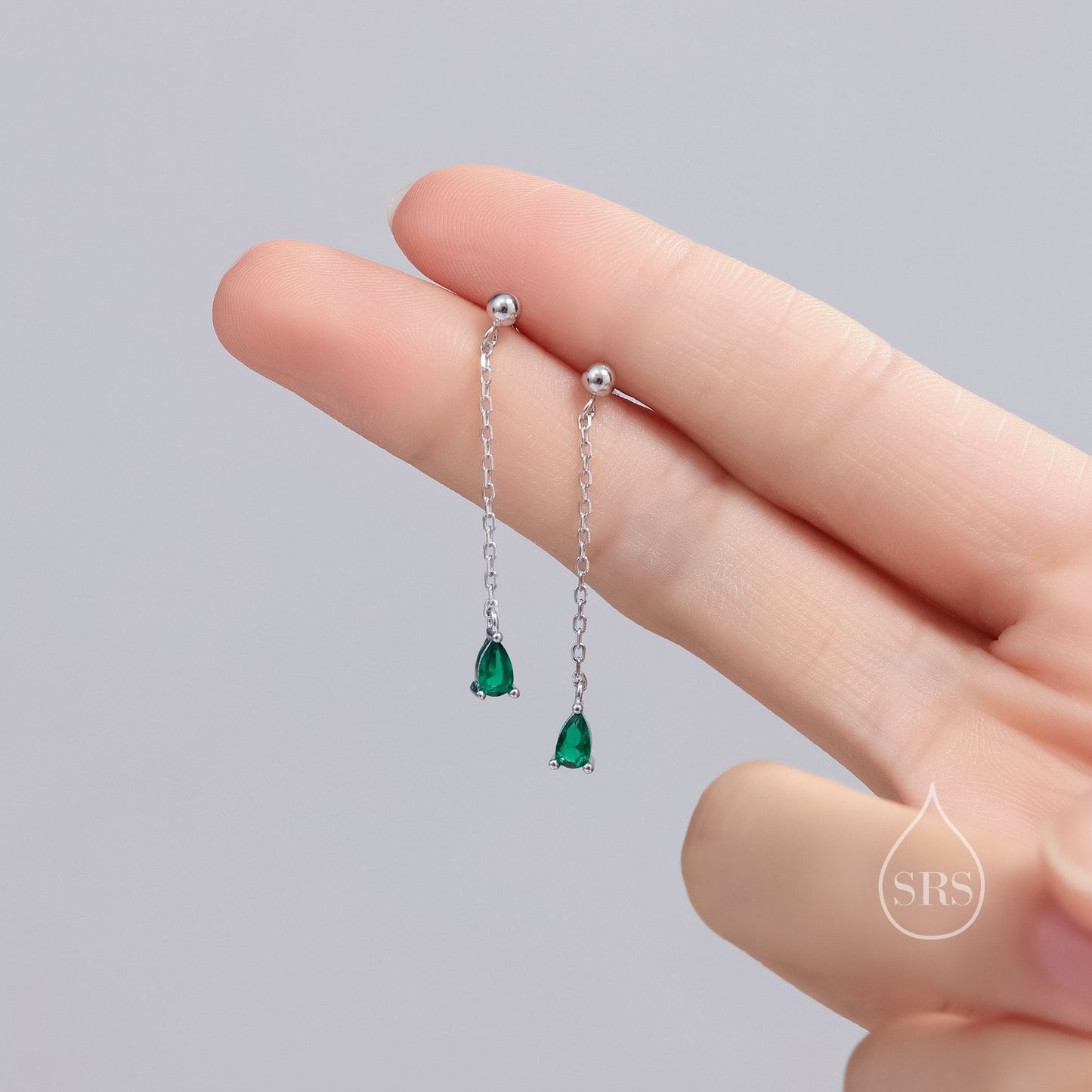 Emerald Green Droplet CZ with Chain Dangle Stud Earrings in Sterling Silver, Silver or Gold, Green CZ Pear Drop Earrings