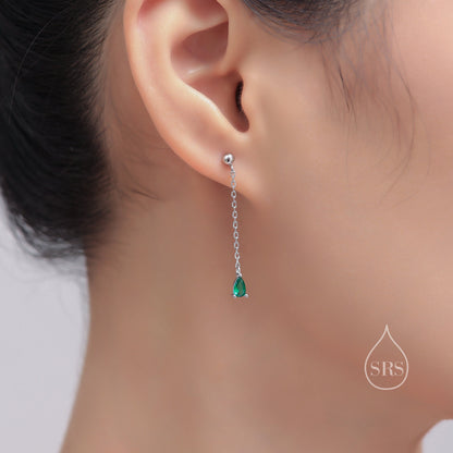 Emerald Green Droplet CZ with Chain Dangle Stud Earrings in Sterling Silver, Silver or Gold, Green CZ Pear Drop Earrings