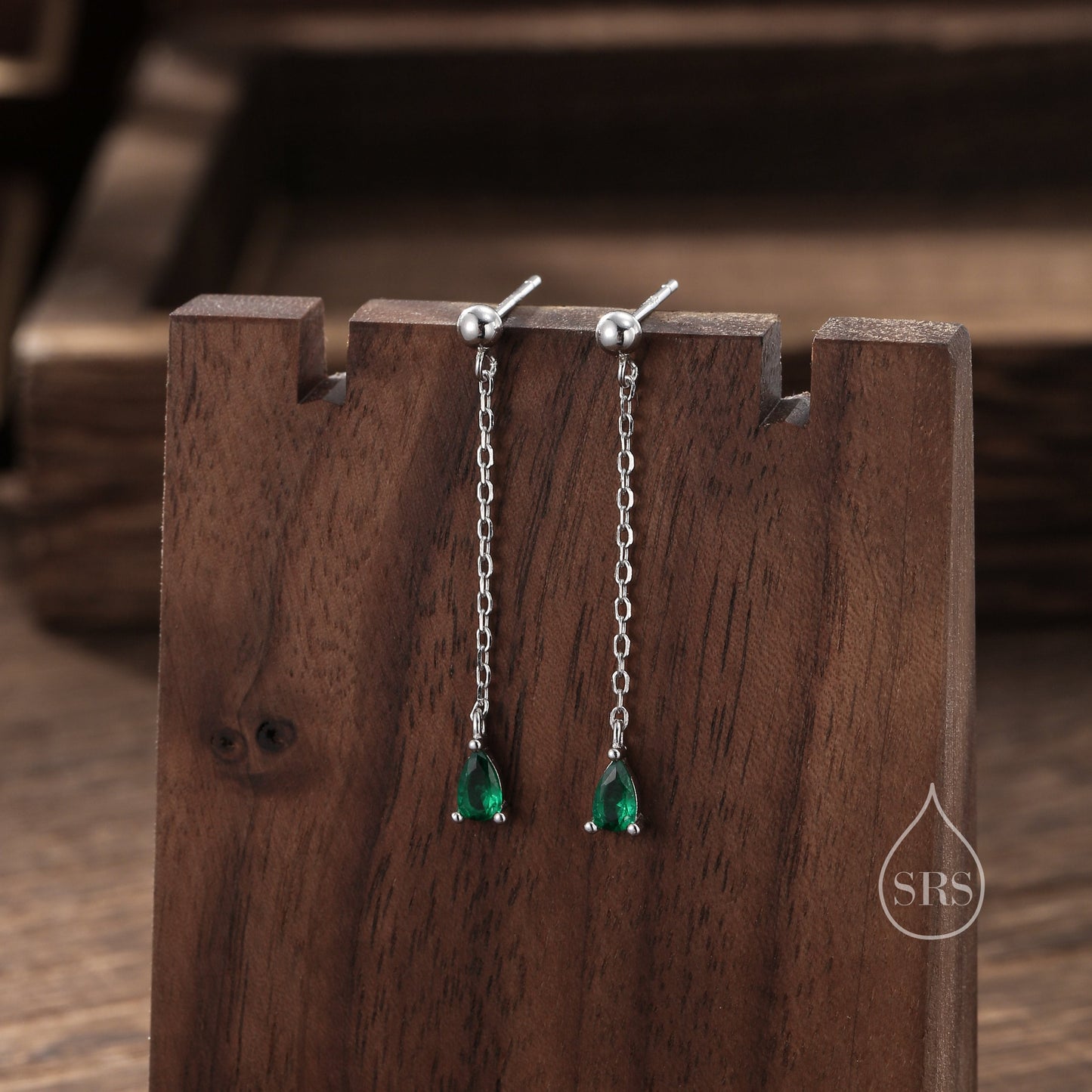 Emerald Green Droplet CZ with Chain Dangle Stud Earrings in Sterling Silver, Silver or Gold, Green CZ Pear Drop Earrings