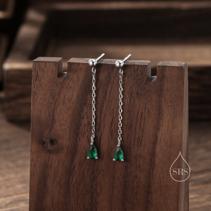 Emerald Green Droplet CZ with Chain Dangle Stud Earrings in Sterling Silver, Silver or Gold, Green CZ Pear Drop Earrings