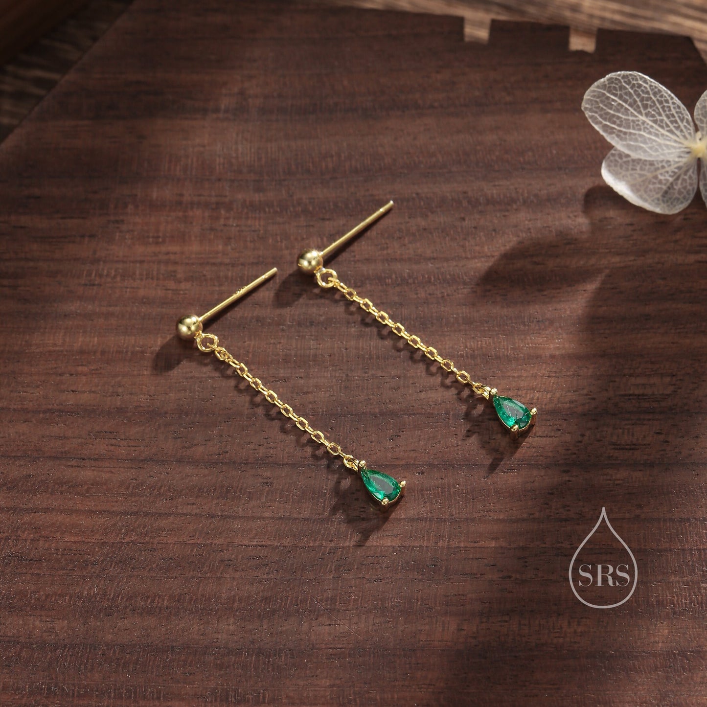 Emerald Green Droplet CZ with Chain Dangle Stud Earrings in Sterling Silver, Silver or Gold, Green CZ Pear Drop Earrings