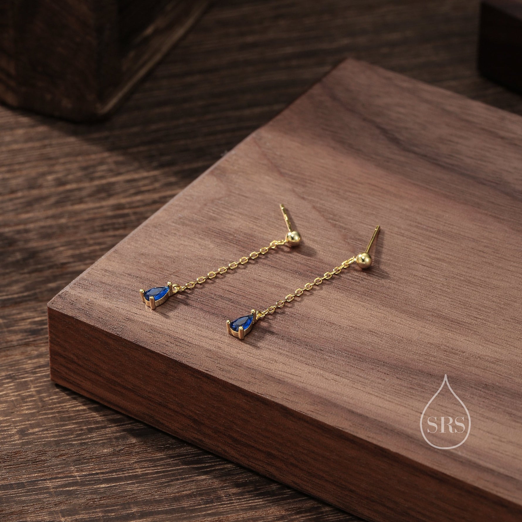 Sapphire Blue Droplet CZ with Chain Dangle Stud Earrings in Sterling Silver, Silver or Gold, Blue CZ Pear Drop Earrings