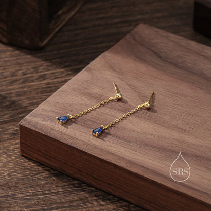 Sapphire Blue Droplet CZ with Chain Dangle Stud Earrings in Sterling Silver, Silver or Gold, Blue CZ Pear Drop Earrings