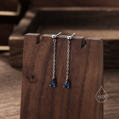 Sapphire Blue Droplet CZ with Chain Dangle Stud Earrings in Sterling Silver, Silver or Gold, Blue CZ Pear Drop Earrings