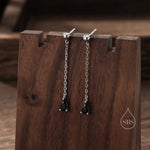 Black Droplet CZ with Chain Dangle Stud Earrings in Sterling Silver, Silver or Gold, Black CZ Pear Drop Earrings