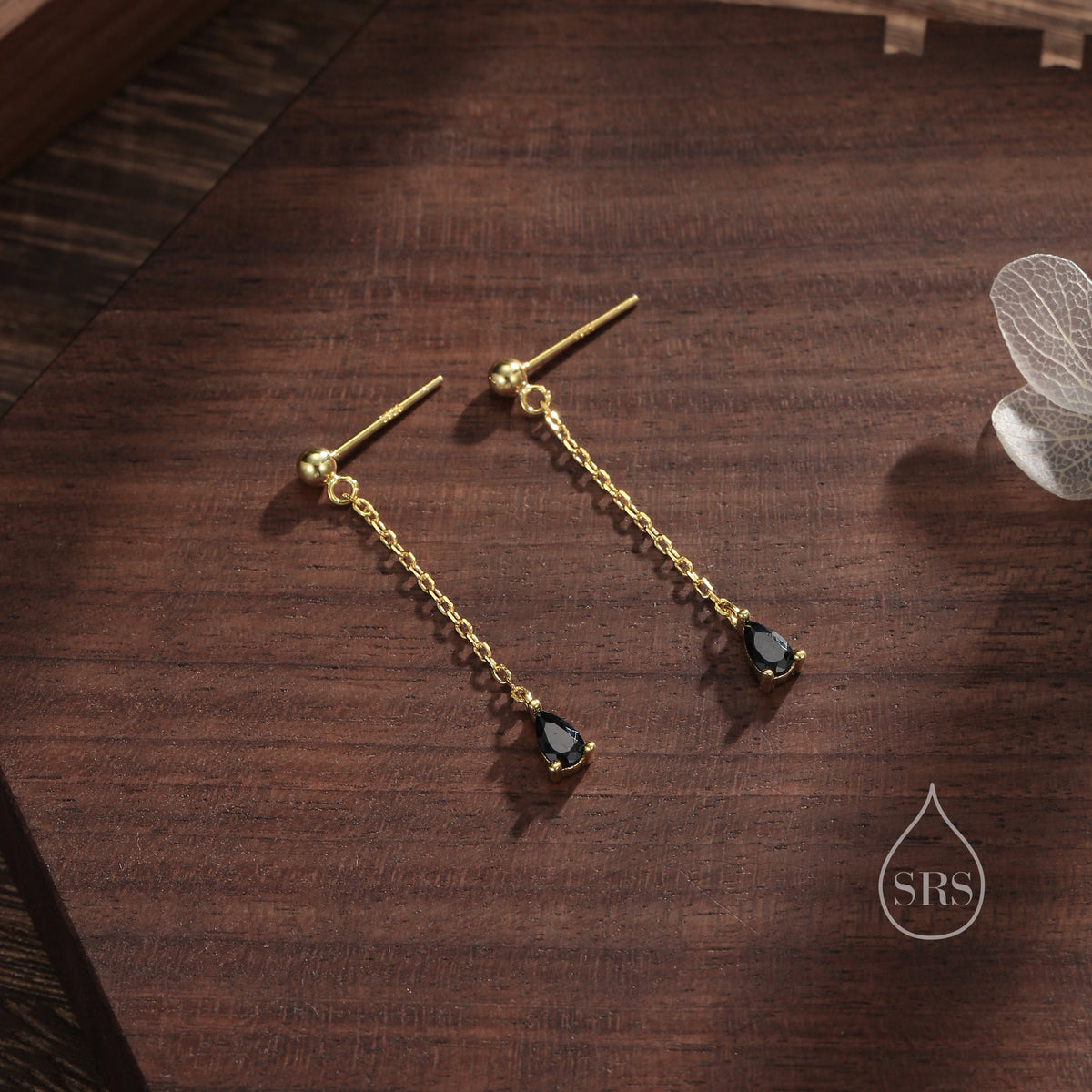 Black Droplet CZ with Chain Dangle Stud Earrings in Sterling Silver, Silver or Gold, Black CZ Pear Drop Earrings