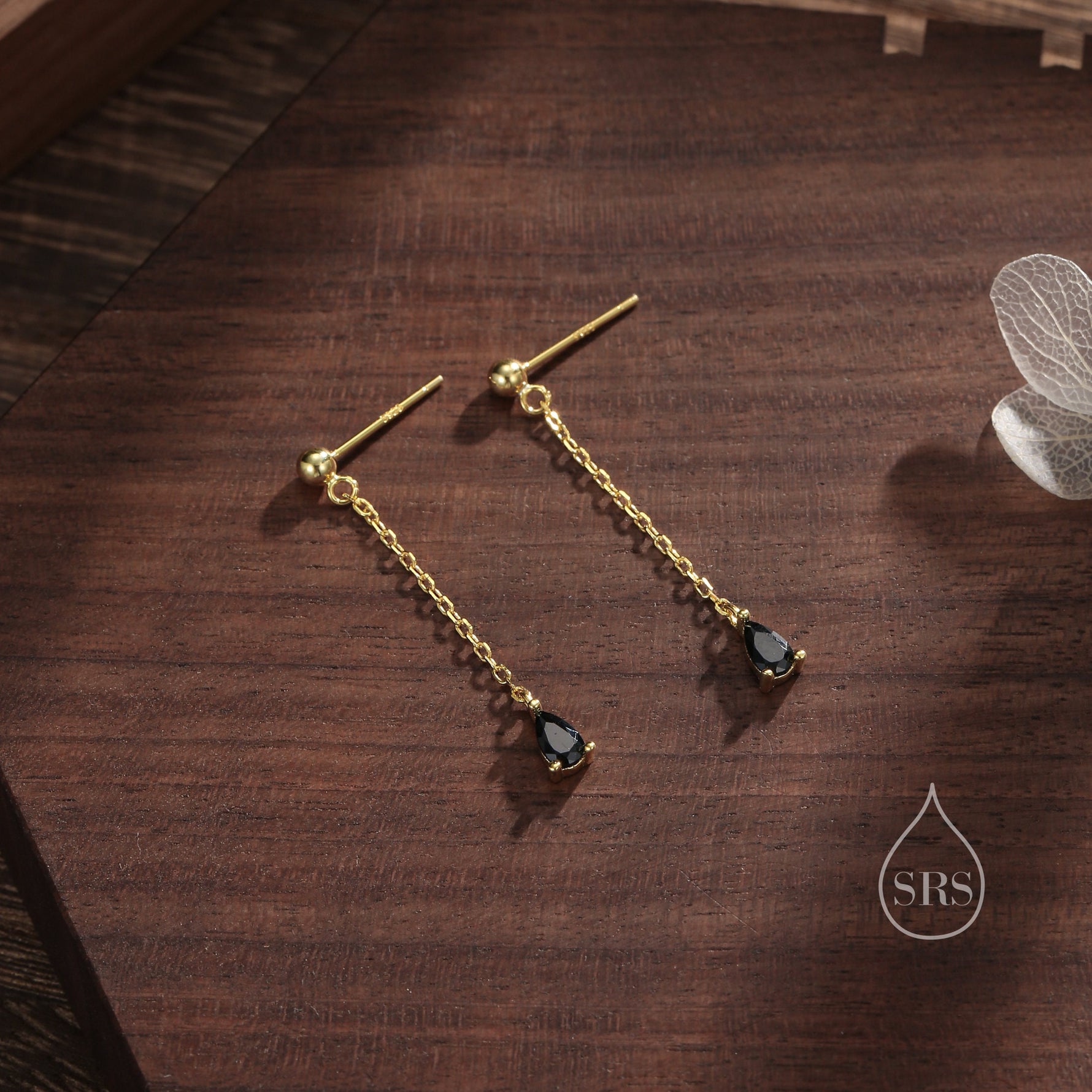 Black Droplet CZ with Chain Dangle Stud Earrings in Sterling Silver, Silver or Gold, Black CZ Pear Drop Earrings