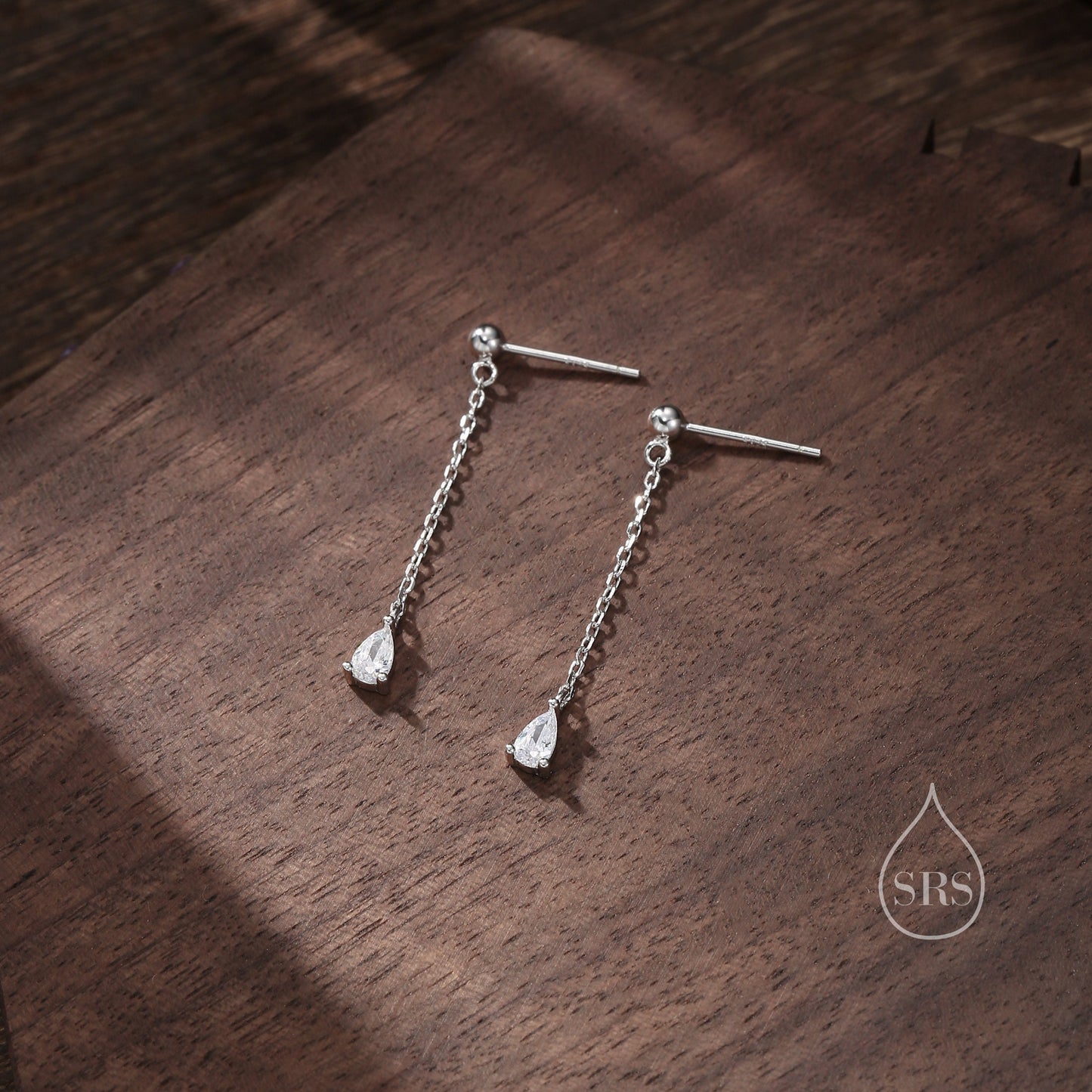 Droplet CZ with Chain Dangle Stud Earrings in Sterling Silver, Silver or Gold, Clear CZ Pear Drop Earrings