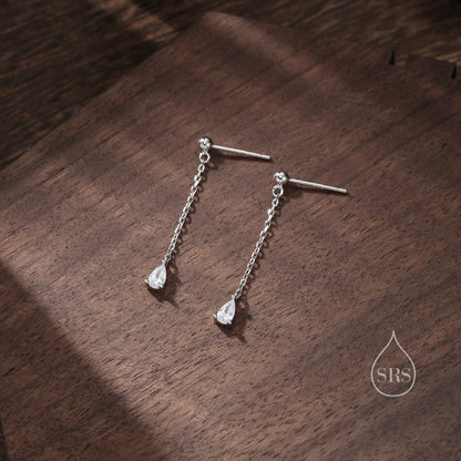 Droplet CZ with Chain Dangle Stud Earrings in Sterling Silver, Silver or Gold, Clear CZ Pear Drop Earrings