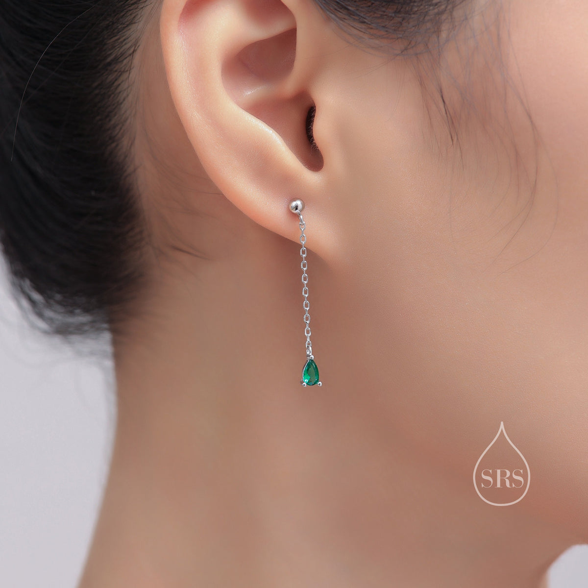 Black Droplet CZ with Chain Dangle Stud Earrings in Sterling Silver, Silver or Gold, Black CZ Pear Drop Earrings