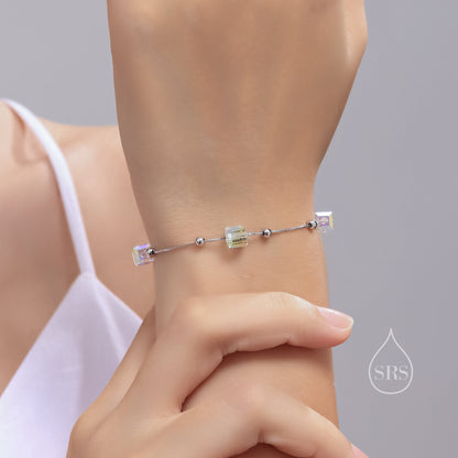 Sterling Silver Aurora Borealis AB Crystal Bracelet, Three Cube Crystal Bracelet, Crystal Cube Bracelet, Dainty and Delicate