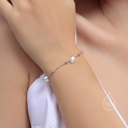 Sterling Silver Aurora Borealis AB Crystal Bracelet, Three Cube Crystal Bracelet, Crystal Cube Bracelet, Dainty and Delicate