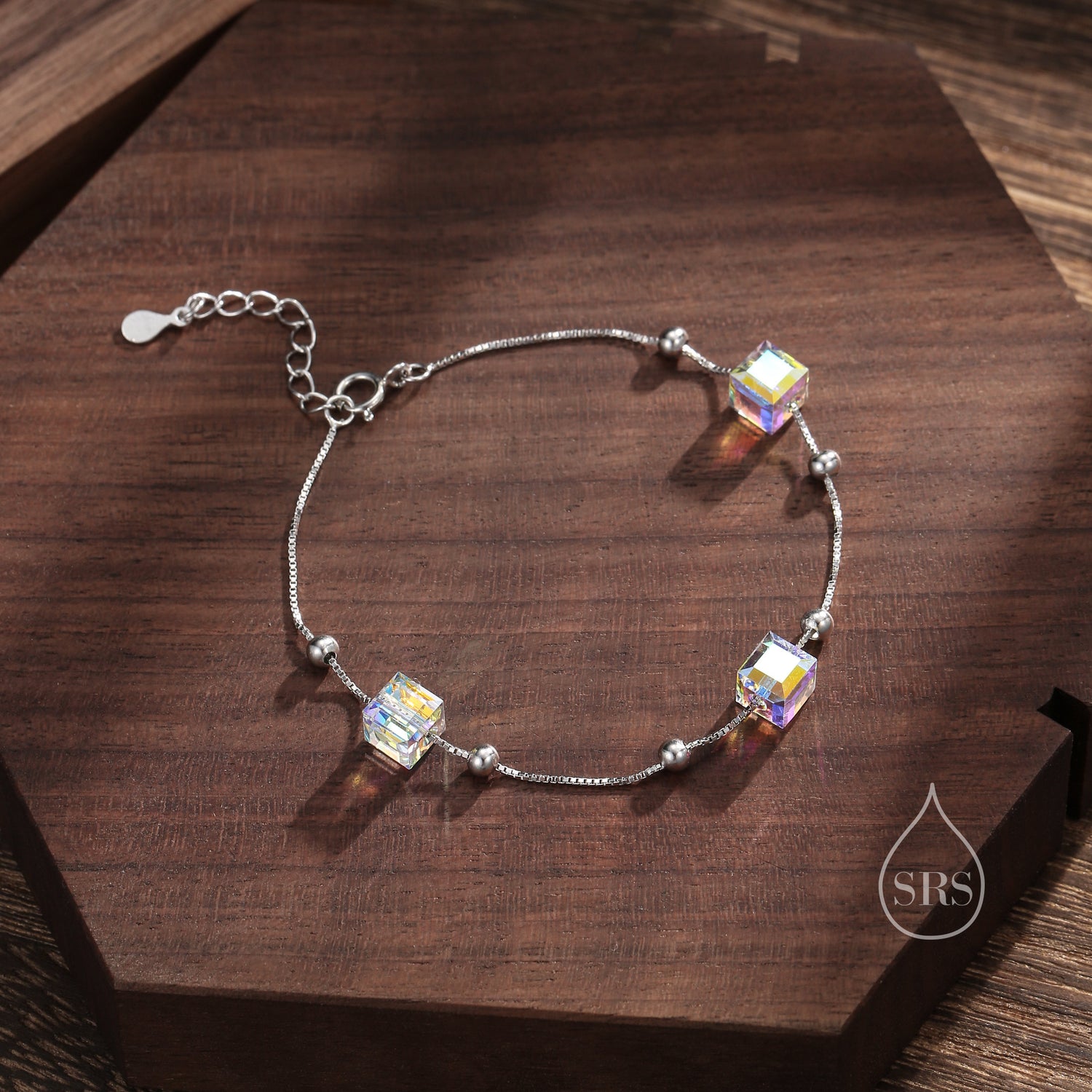 Sterling Silver Aurora Borealis AB Crystal Bracelet, Three Cube Crystal Bracelet, Crystal Cube Bracelet, Dainty and Delicate