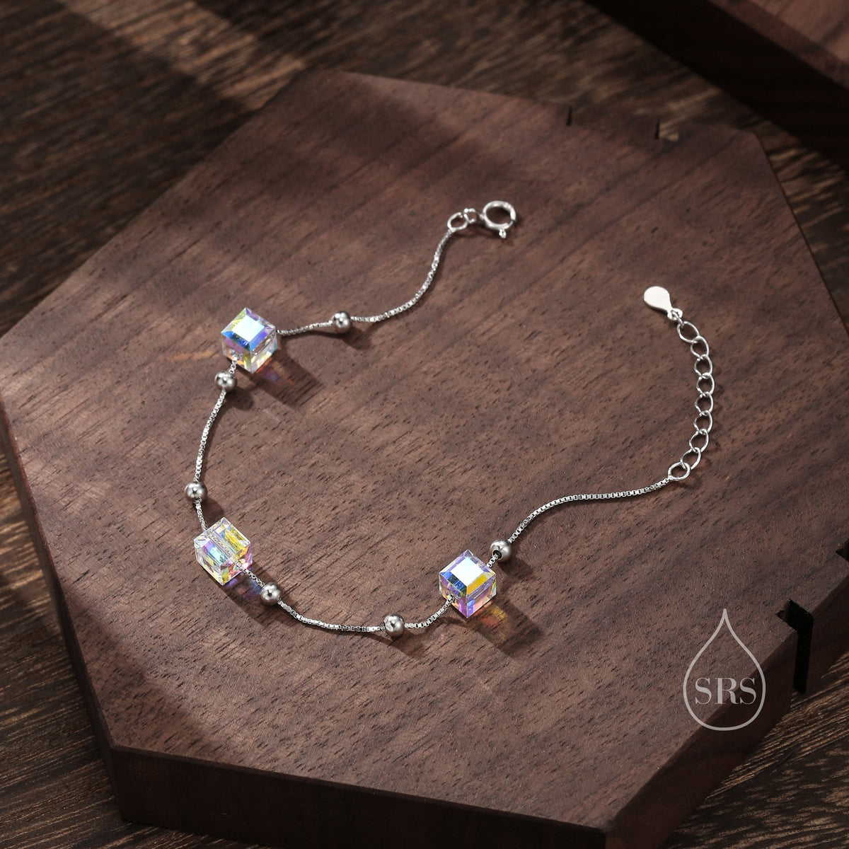 Sterling Silver Aurora Borealis AB Crystal Bracelet, Three Cube Crystal Bracelet, Crystal Cube Bracelet, Dainty and Delicate
