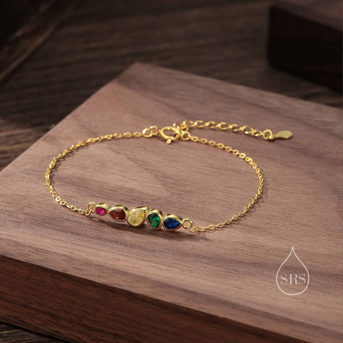 Rainbow Pear Cut CZ Cluster Charm Bracelet