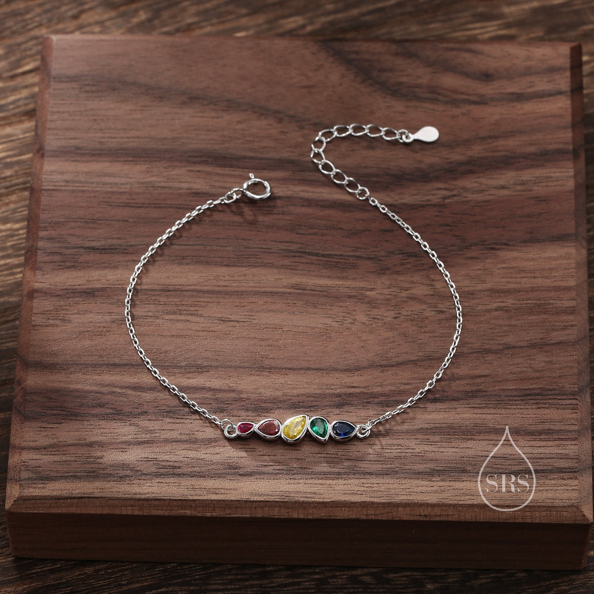 Rainbow Pear Cut CZ Cluster Charm Bracelet