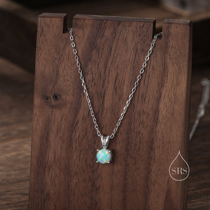 Tiny Aqua Green Opal Pendant Necklace  in Sterling Silver, 5mm Lab Opal Necklace,  Single Opal Necklace, Fire Opal Necklace