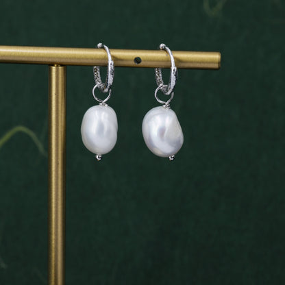 Baroque Pearl with Skinny Hammered Hoop Earrings in Sterling Silver, Detachable Pearl Hoop Earrings, Pearl Huggie Hoops, Keshi Pearls