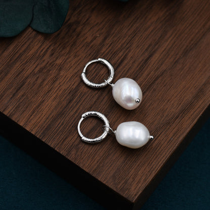 Baroque Pearl with Skinny Hammered Hoop Earrings in Sterling Silver, Detachable Pearl Hoop Earrings, Pearl Huggie Hoops, Keshi Pearls