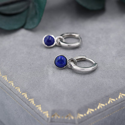 Sterling Silver Dangling Lapis Lazuli Hoop Earrings, Detachable Blue Lapis Coin Dangle Hoop Earrings, Interchangeable