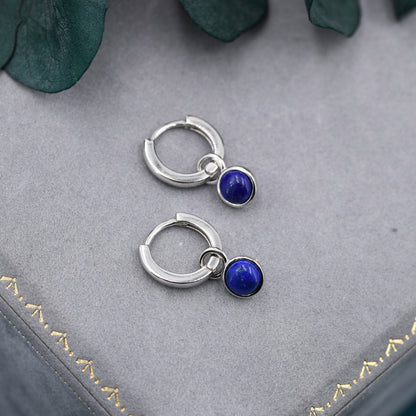 Sterling Silver Dangling Lapis Lazuli Hoop Earrings, Detachable Blue Lapis Coin Dangle Hoop Earrings, Interchangeable