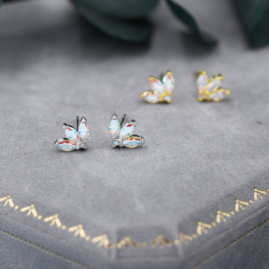 Mystic AB CZ Marquise Crown Stud Earrings in Sterling Silver, Silver or Gold, Colour Changing Aurora Cluster Earrings, CZ Cluster Earrings