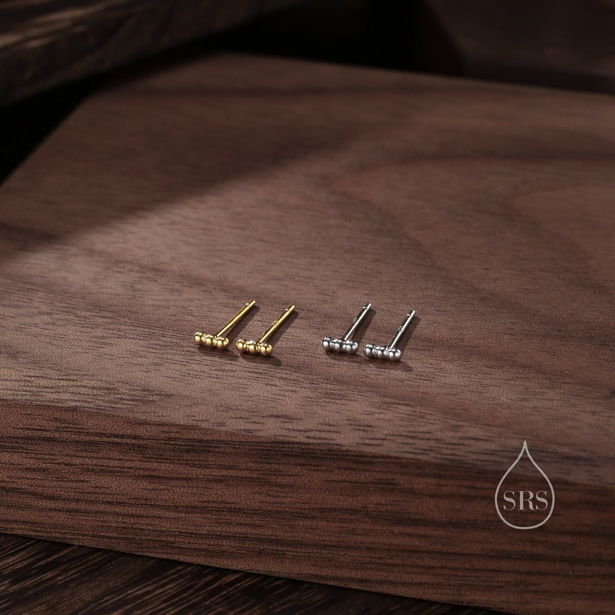 Extra Tiny Three Dot Stud Earrings in Sterling Silver, Tiny Bar Earrings, Beaded Bar, Bauble Earrings, Silver or Gold, Stacking Earrings