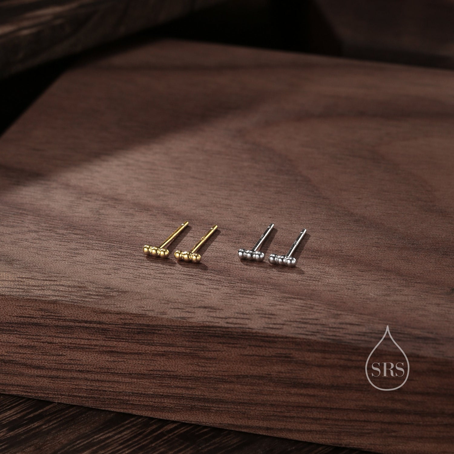 Extra Tiny Three Dot Stud Earrings in Sterling Silver, Tiny Bar Earrings, Beaded Bar, Bauble Earrings, Silver or Gold, Stacking Earrings
