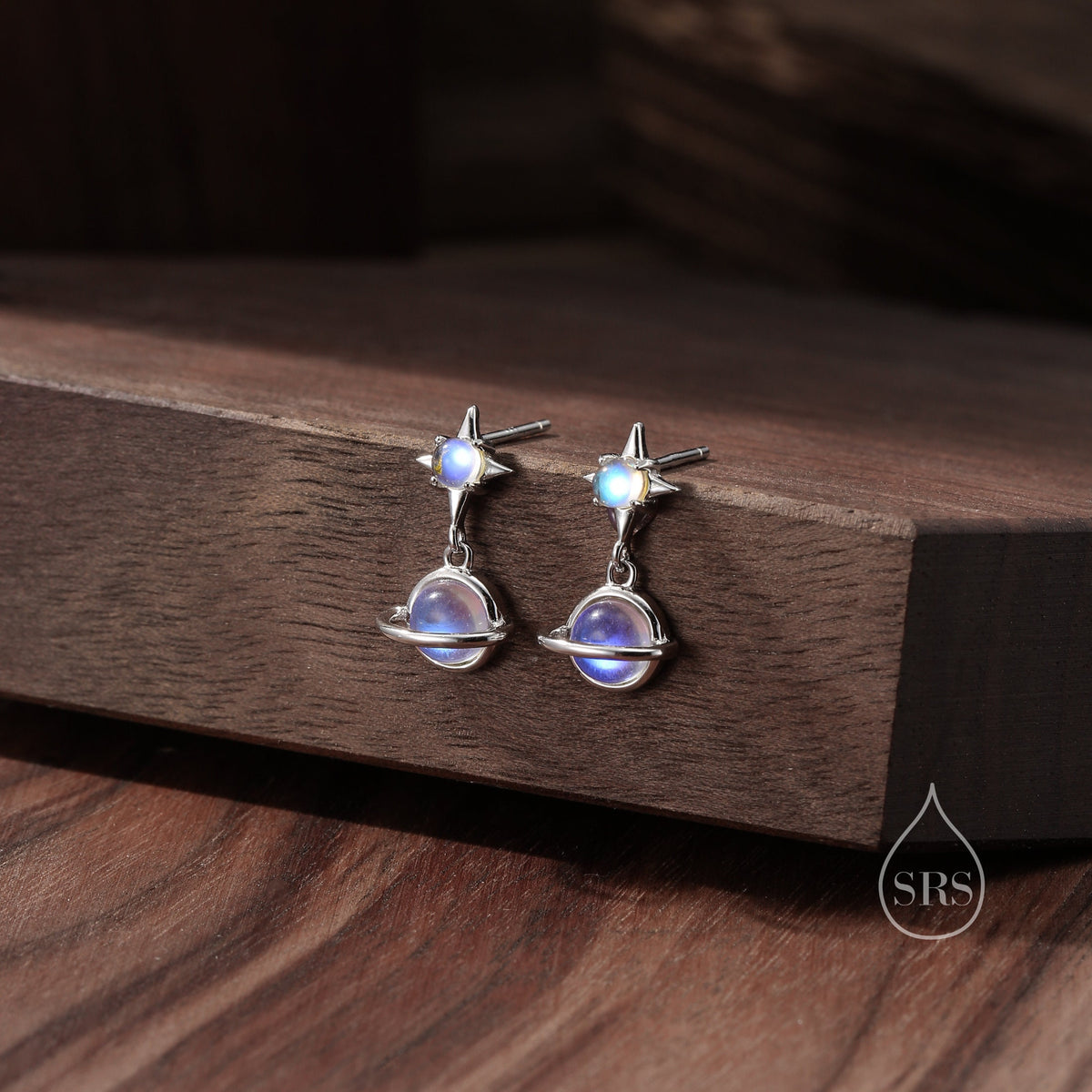 Moonstone Planet with Starburst Stud Earrings in Sterling Silver, Lab Moonstone Saturn Earrings, Silver or Gold, Planet Earrings