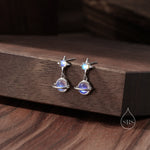 Moonstone Planet with Starburst Stud Earrings in Sterling Silver, Lab Moonstone Saturn Earrings, Silver or Gold, Planet Earrings