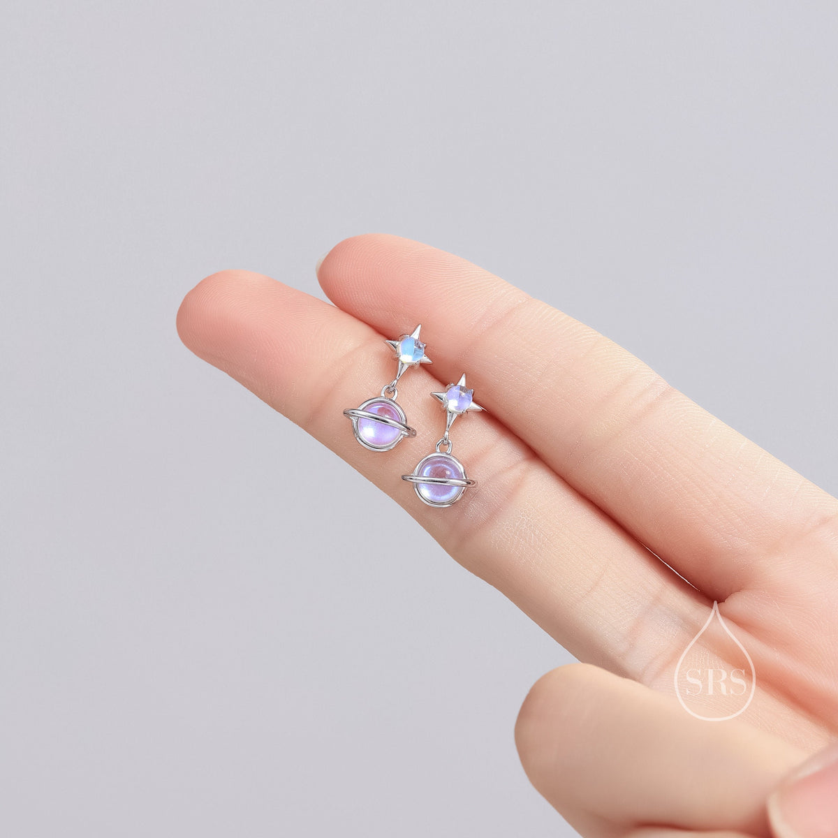 Moonstone Planet with Starburst Stud Earrings in Sterling Silver, Lab Moonstone Saturn Earrings, Silver or Gold, Planet Earrings