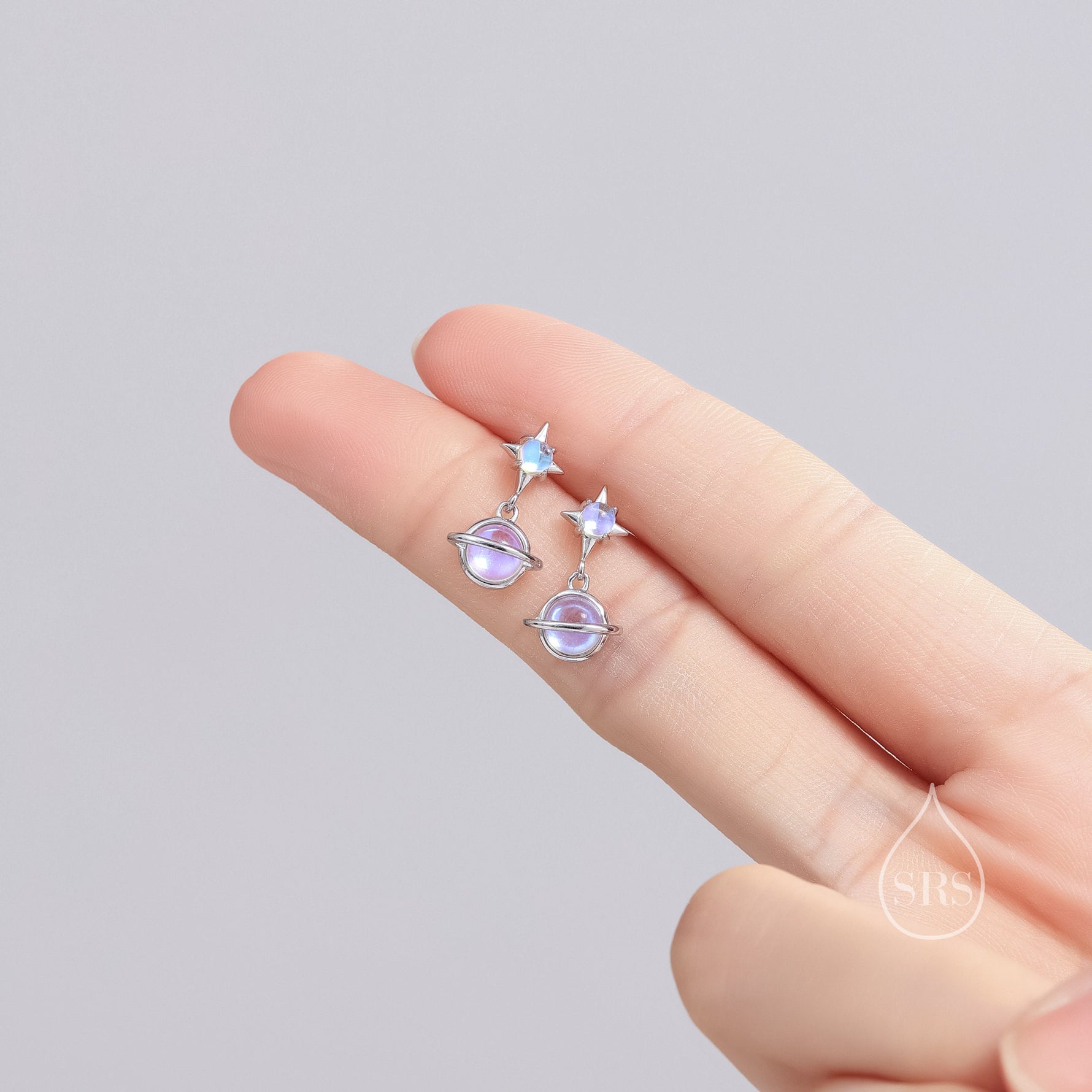 Moonstone Planet with Starburst Stud Earrings in Sterling Silver, Lab Moonstone Saturn Earrings, Silver or Gold, Planet Earrings