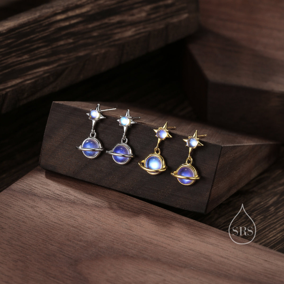 Moonstone Planet with Starburst Stud Earrings in Sterling Silver, Lab Moonstone Saturn Earrings, Silver or Gold, Planet Earrings