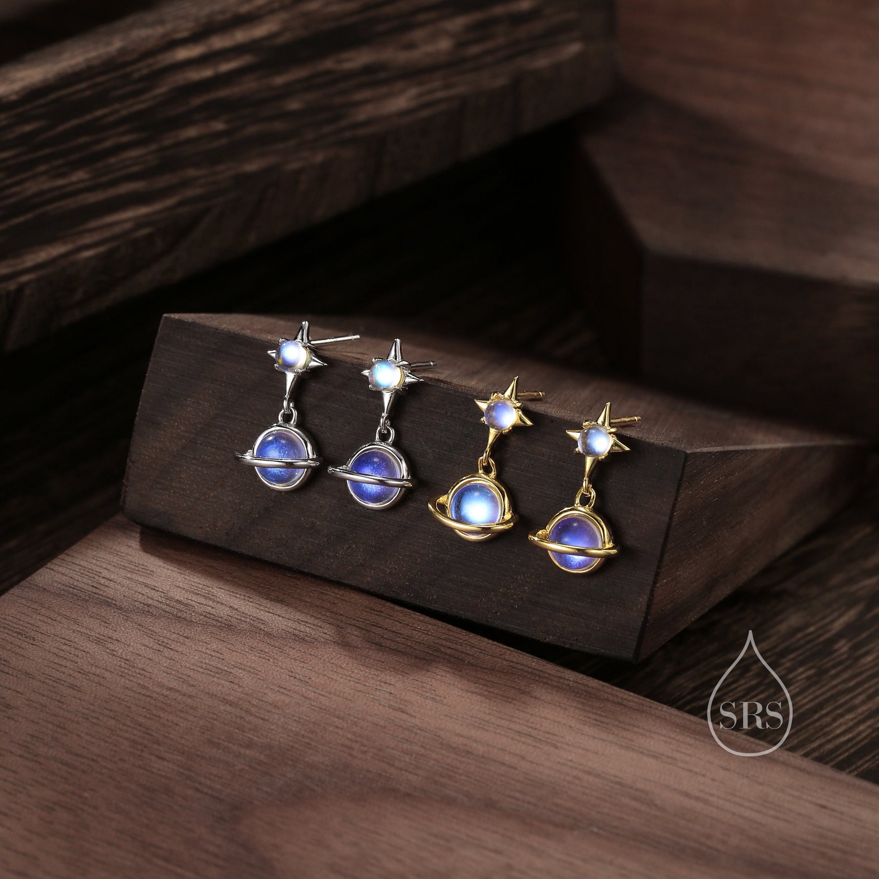 Moonstone Planet with Starburst Stud Earrings in Sterling Silver, Lab Moonstone Saturn Earrings, Silver or Gold, Planet Earrings