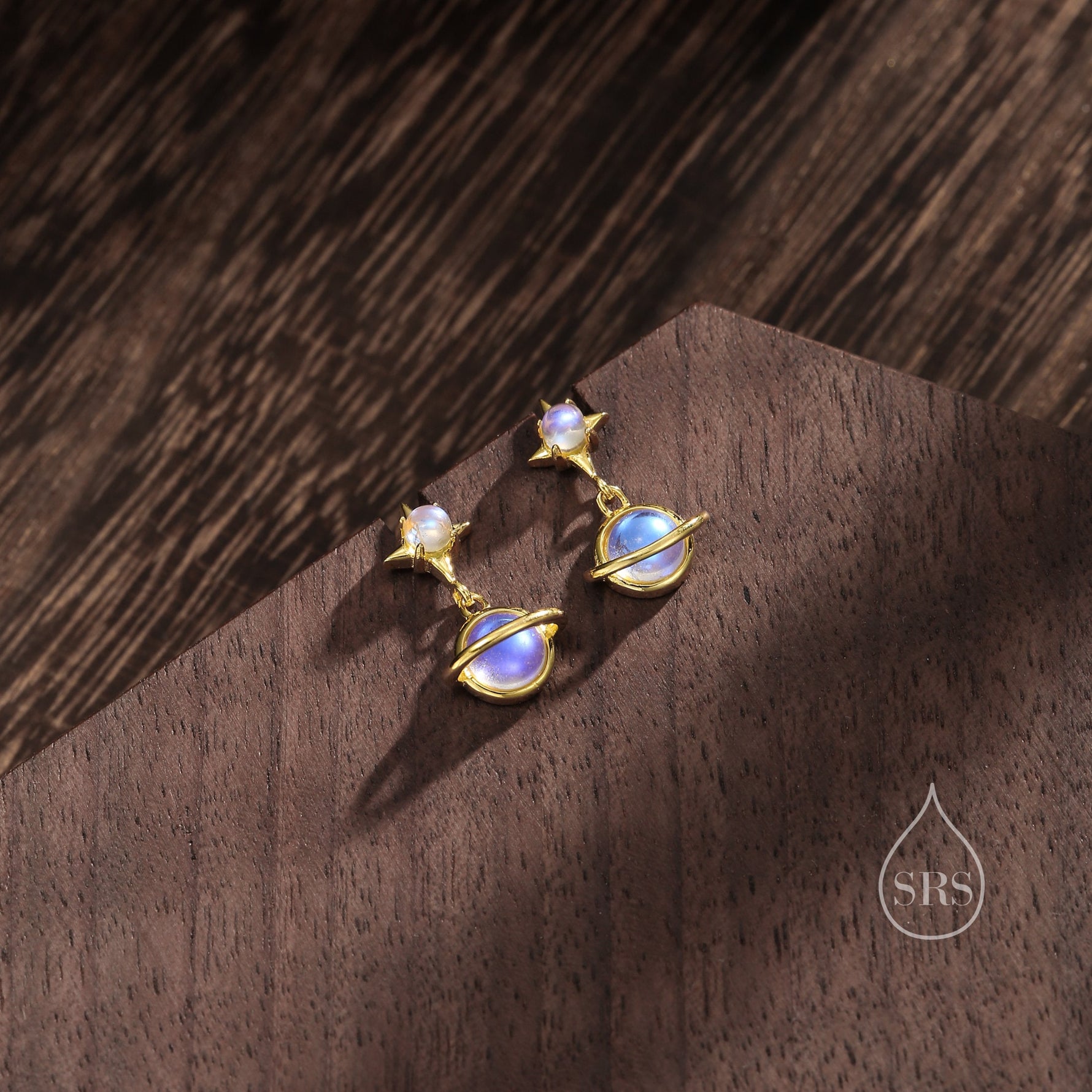 Moonstone Planet with Starburst Stud Earrings in Sterling Silver, Lab Moonstone Saturn Earrings, Silver or Gold, Planet Earrings