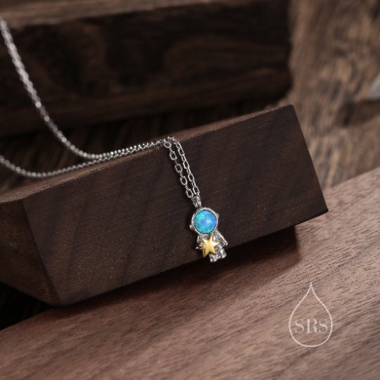 Best Friends Necklaces, Astronaut Pendant Necklace in Sterling Silver with Lab Opal, Spaceman Necklace, Friendship Necklace