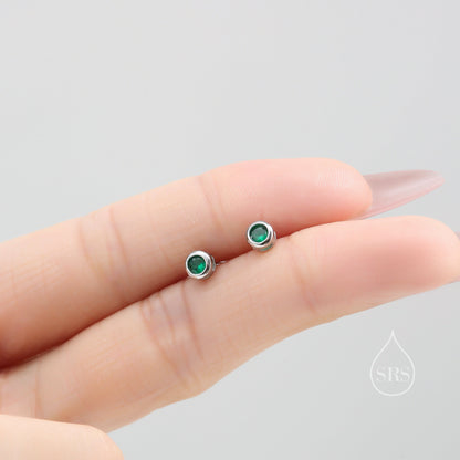 Extra Tiny Sterling Silver Emerald Green 2mm CZ Stud Earrings,  2mm May Birthstone Bezel CZ Earrings, Silver or Gold, Stacking Earrings