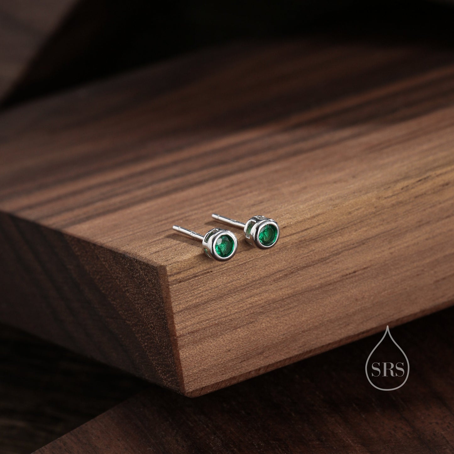 Extra Tiny Sterling Silver Emerald Green 2mm CZ Stud Earrings,  2mm May Birthstone Bezel CZ Earrings, Silver or Gold, Stacking Earrings