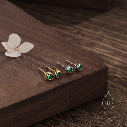 Extra Tiny Sterling Silver Emerald Green 2mm CZ Stud Earrings,  2mm May Birthstone Bezel CZ Earrings, Silver or Gold, Stacking Earrings