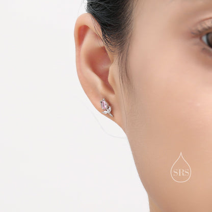 Sterling Silver Tulip Flower CZ Stud Earrings, Silver, Gold or Rose Gold, Pink Tulip Earrings, Floral Earrings, Blossom Earrings, Nature