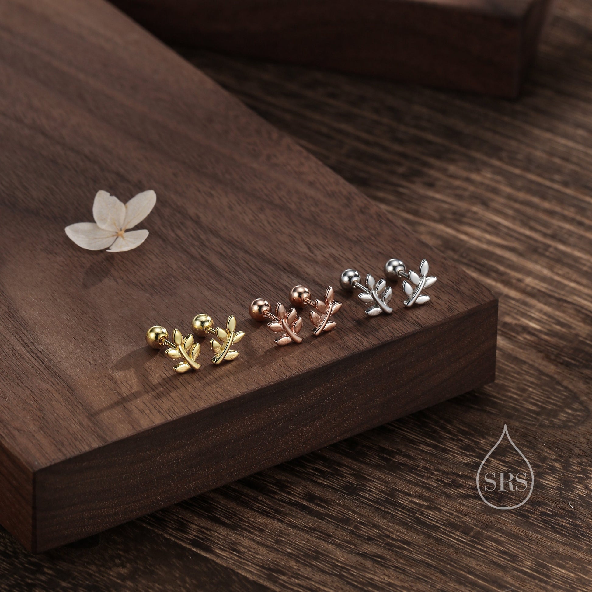 Dainty Leaf Screw Back Earrings in Sterling Silver - Silver Gold or Rose Gold - Cute, Fun, Whimsical, Botanical Earrings, Barbell Earrings