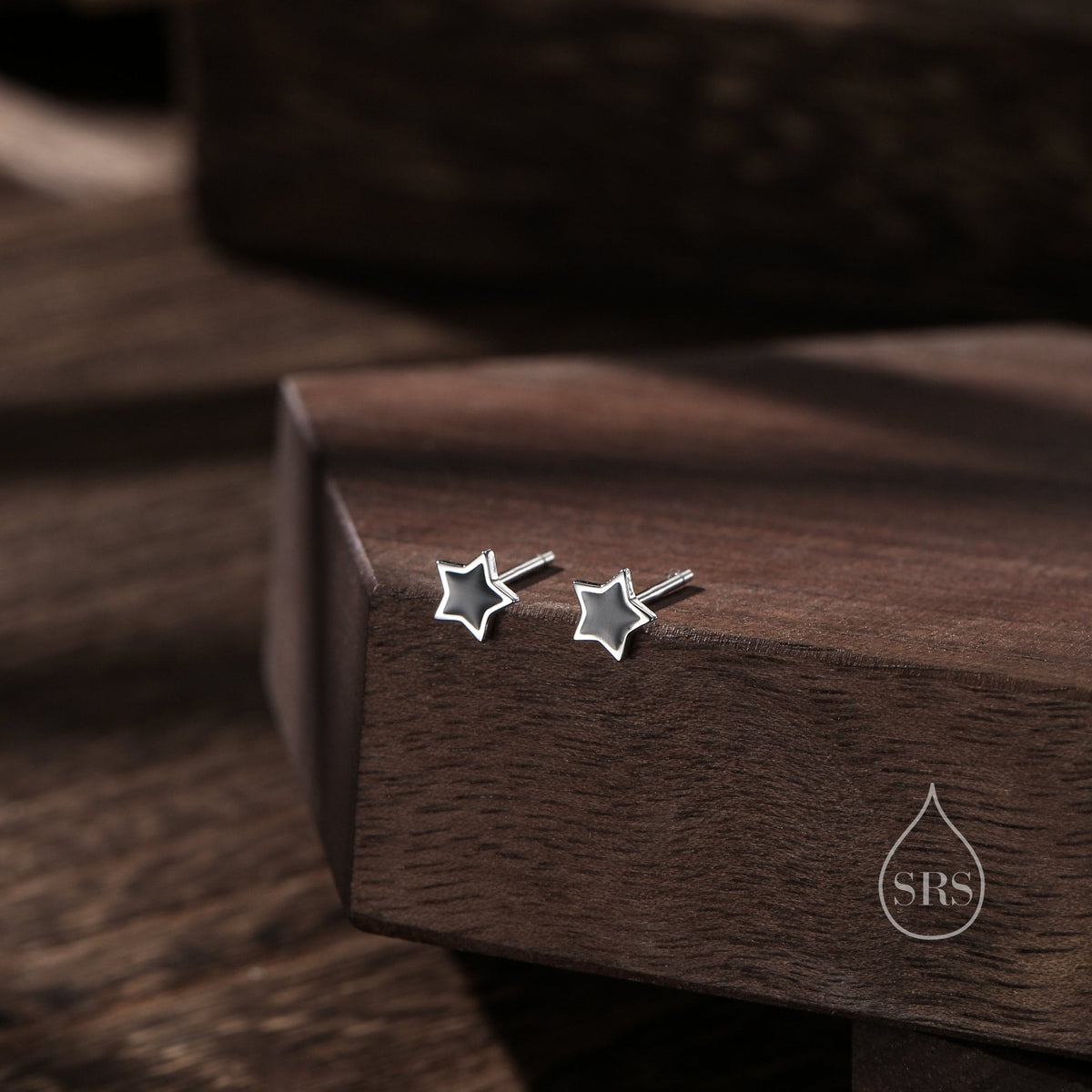 Tiny Black Enamel Star Stud Earrings in Sterling Silver, Silver or Gold, Black Star Earrings, Tiny and Delicate
