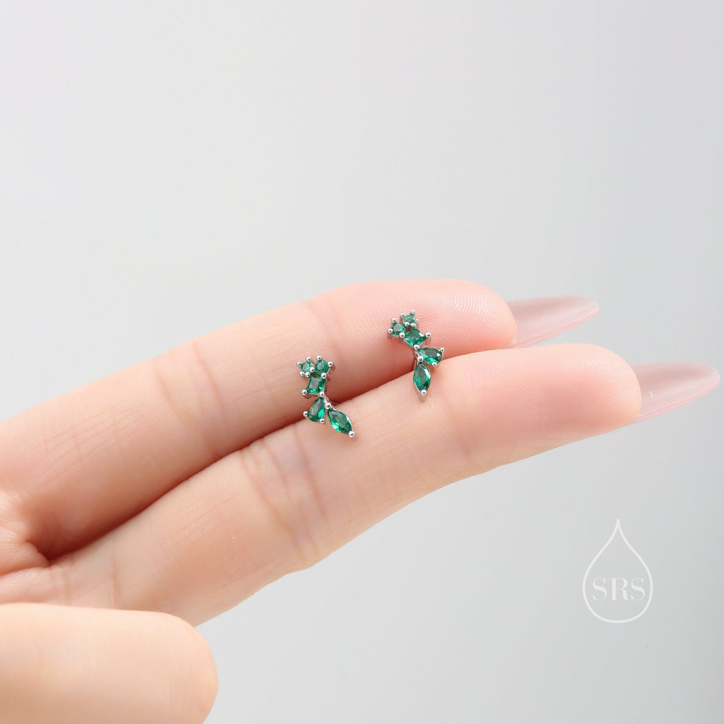 Emerald Green CZ Cluster Stud Earrings in Sterling Silver, Silver or Gold, Green Marquise Earrings, CZ Wing Earrings, Mini Crawler