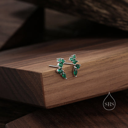 Emerald Green CZ Cluster Stud Earrings in Sterling Silver, Silver or Gold, Green Marquise Earrings, CZ Wing Earrings, Mini Crawler