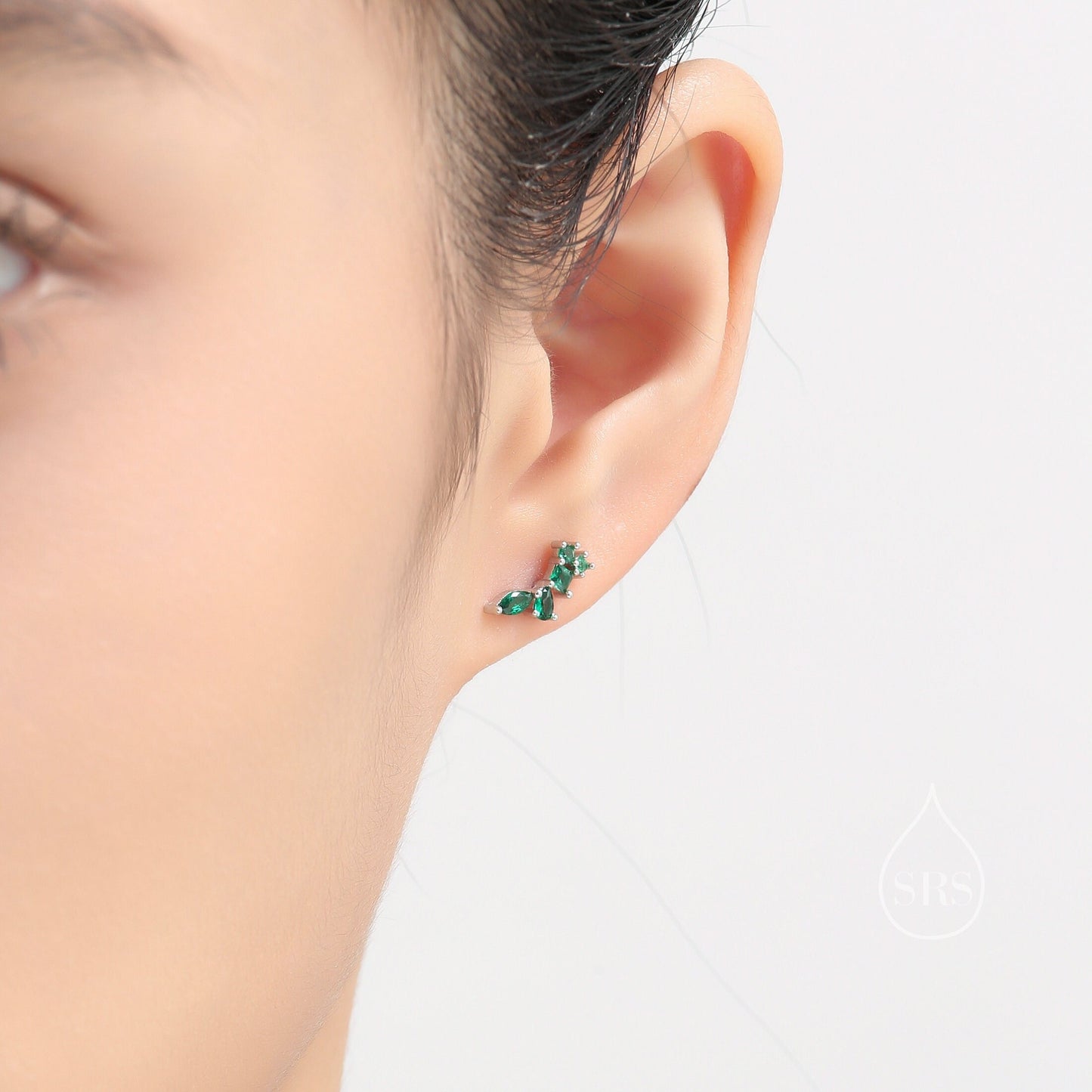 Emerald Green CZ Cluster Stud Earrings in Sterling Silver, Silver or Gold, Green Marquise Earrings, CZ Wing Earrings, Mini Crawler