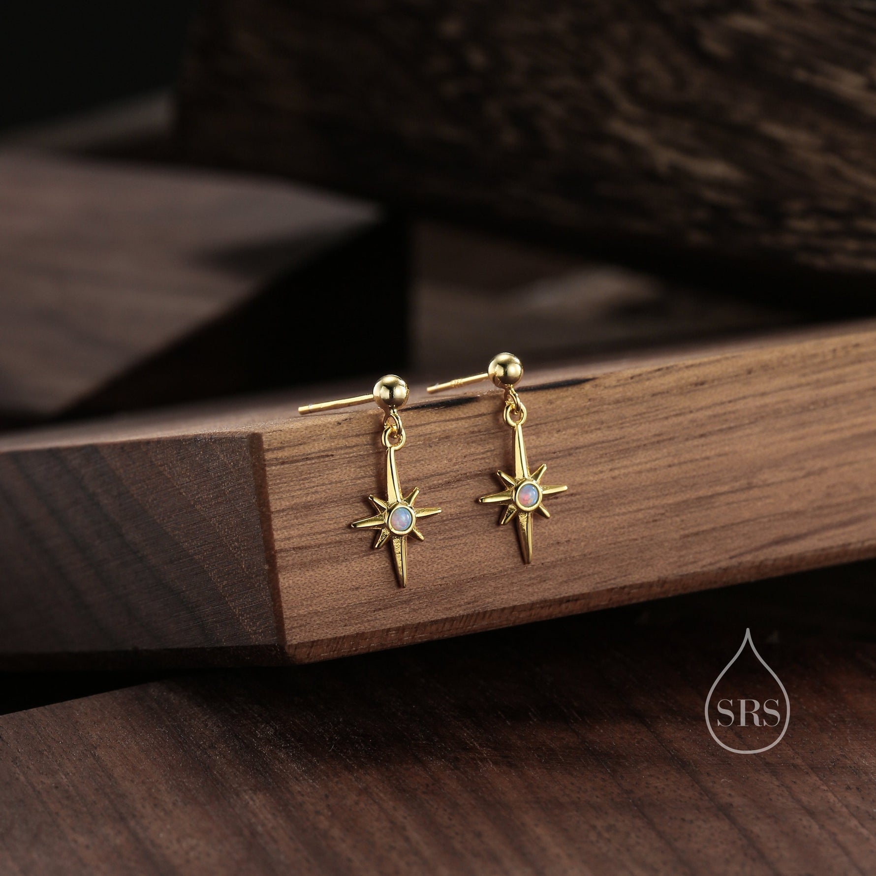TinyBlue Opal Star Dangle Stud Earrings in Sterling Silver, Silver or Gold or Rose Gold, Aurora Star Earrings, Sunburst Earrings, Celestial