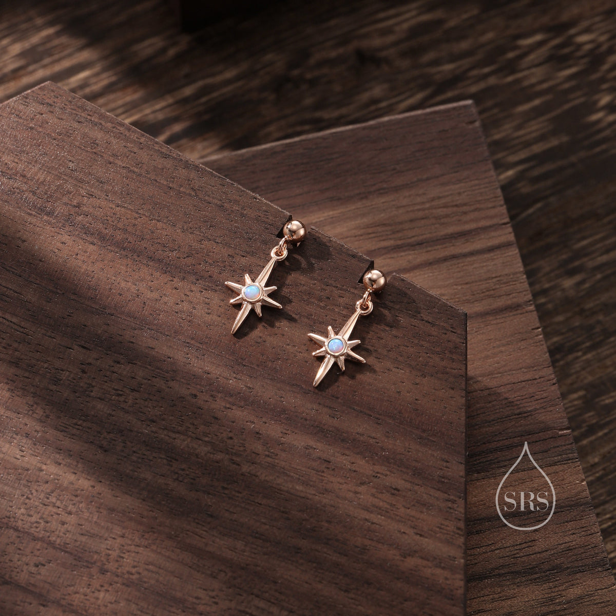 TinyBlue Opal Star Dangle Stud Earrings in Sterling Silver, Silver or Gold or Rose Gold, Aurora Star Earrings, Sunburst Earrings, Celestial