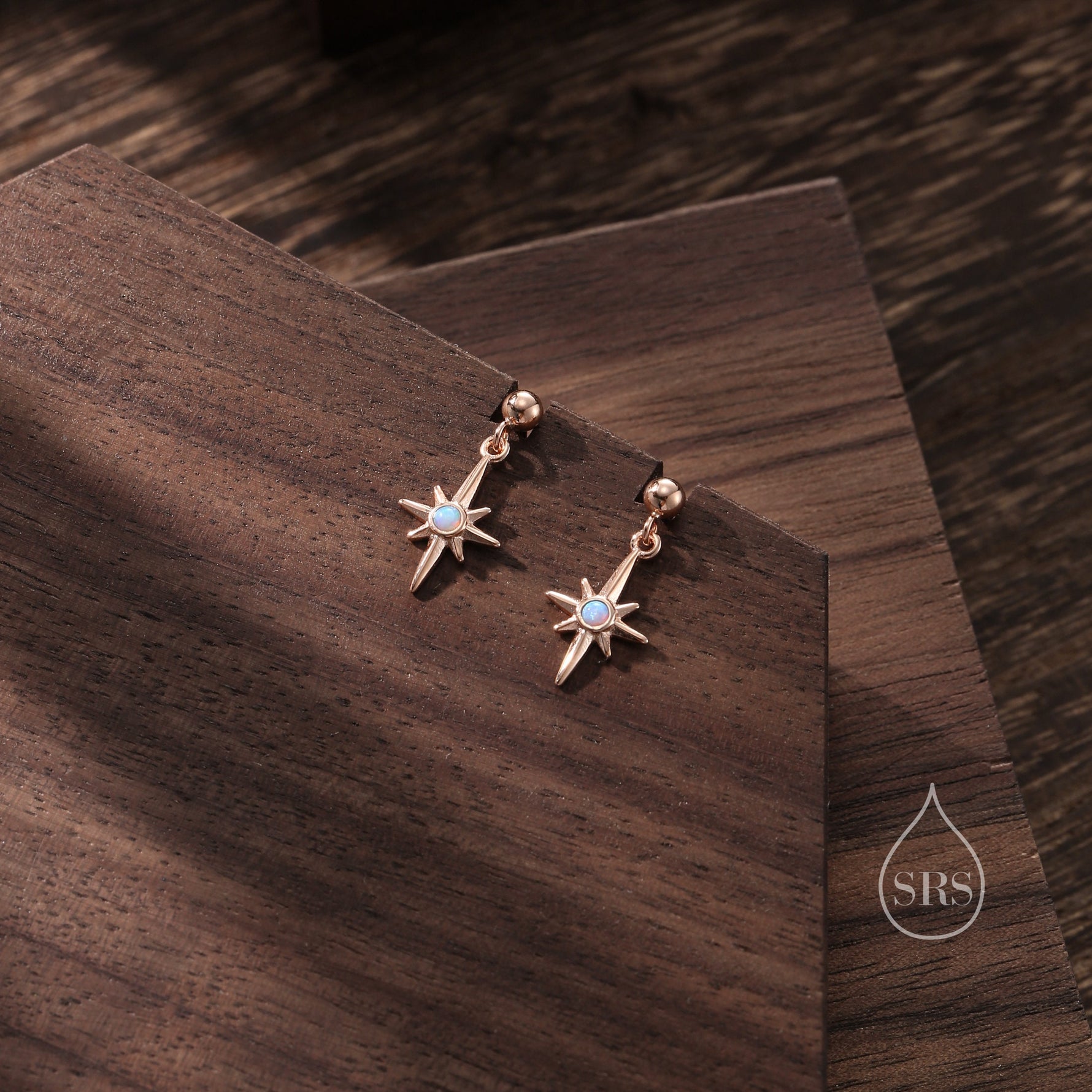 TinyBlue Opal Star Dangle Stud Earrings in Sterling Silver, Silver or Gold or Rose Gold, Aurora Star Earrings, Sunburst Earrings, Celestial