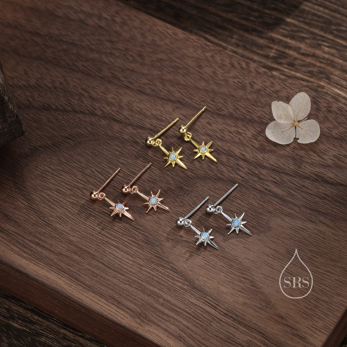 TinyBlue Opal Star Dangle Stud Earrings in Sterling Silver, Silver or Gold or Rose Gold, Aurora Star Earrings, Sunburst Earrings, Celestial